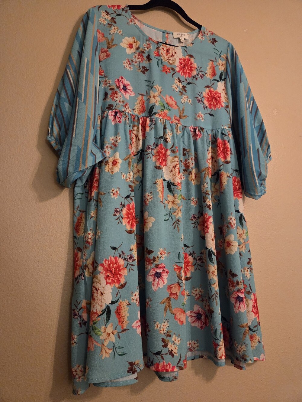 UMGEE Teal Blue Floral Multicolor Print Balloon Sleeve Scoop Neck Tunic Dress M - Picture 4 of 13